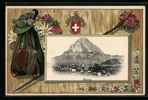 Präge-AK Glarus, Totalansicht, Wanderstock- und Stiefel