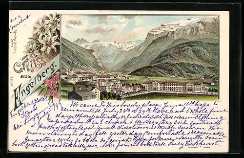 Lithographie Engelberg, Totalansicht mit Bergen