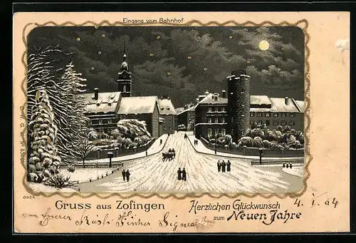 Lithographie Zofingen, Eingang zum Bahnhof in einer Winternacht, Neujahrsgruss