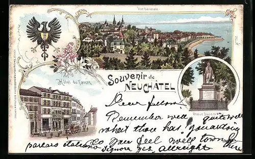 Lithographie Neuchatel, Hôtel du Faucon, Vue Générale, Wappen, Statue David de Pury