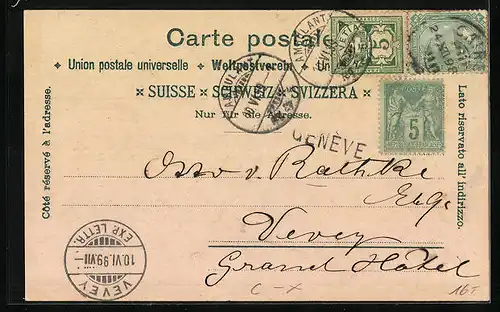 Lithographie Neuchatel, Hôtel du Faucon, Vue Générale, Wappen, Statue David de Pury