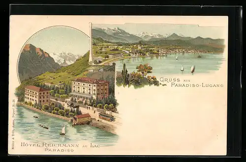 Lithographie Paradiso-Lugano, Hotel Reichmann au Lac Paradiso, Panorama