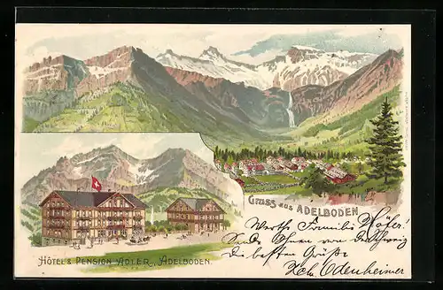 Lithographie Adelboden, Hotel & Pension Adler, Panorama