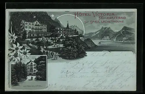 Lithographie Spiez, Hotel Victoria, Faulenseebad, Lac de Thoune