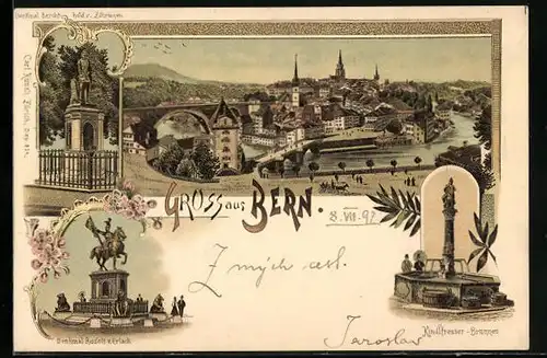 Lithographie Bern, Kindlfresser-Brunnen, Denkmal Rudolf v. Erlach, Stadtansicht