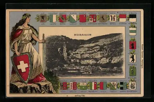 Präge-AK Noiraigue, Gesamtansicht, Helvetia mit Wappenschild und Schwert, Wappen der Kantone