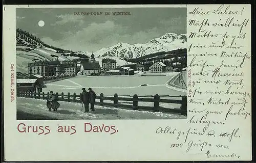 Lithographie Davos, Teilansicht im Winter