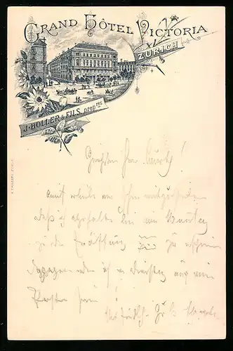 Vorläufer-Lithographie Zürich, 1894, Grand Hotel Victoria von J. Boller