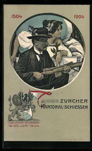 Künstler-AK Zürich, Kantonal-Schiessen 1904, Schütze mit Siegesgöttin an seiner Seite
