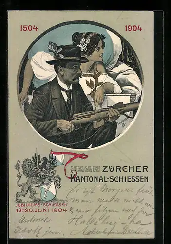 Künstler-AK Zürich, Kantonal-Schiessen 1904, Schütze mit Beistand der Siegesgöttin