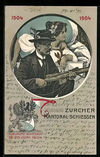 Künstler-AK Zürich, Kantonal-Schiessen 1904, Schütze mit Siegesgöttin an seiner Seite, Wappen