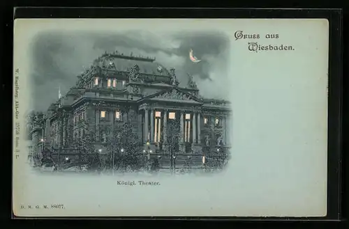 Mondschein-AK Wiesbaden, Königliches Theater, Halt gegen das Licht: beleuchtete Fenster