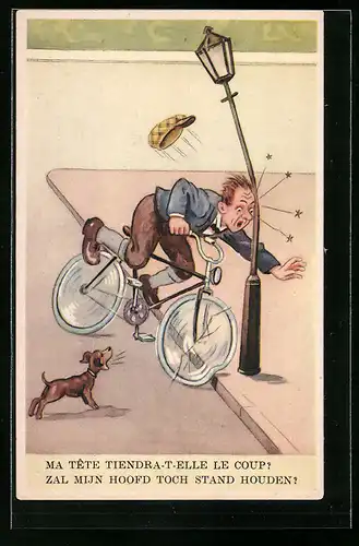 Künstler-AK Me tête tiendra-t-elle le coup?, Mann auf Fahrrad fährt gegen Laterne