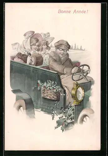 Künstler-AK Damen mit Hüten im Lastkraftwagen und Chauffeur