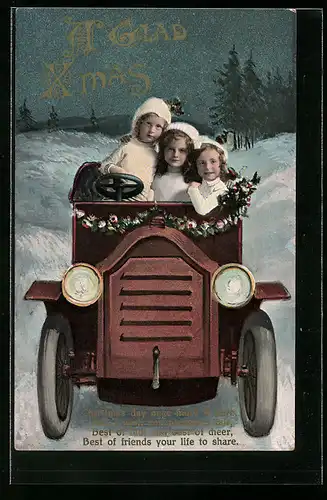 AK A Glad Xmas, Drei Mädchen im Auto
