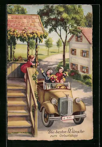 Künstler-AK Geburtstagsgratulanten im offenen Auto