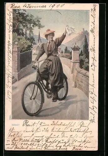 AK Dame mit Taschentuch auf Fahrrad