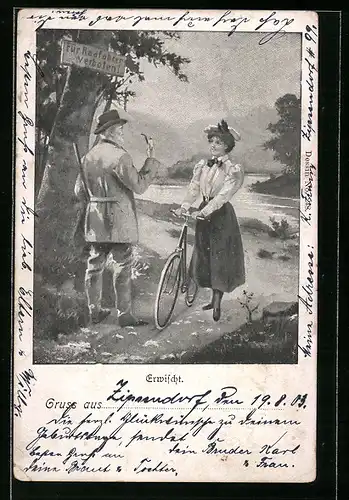 Künstler-AK Erwischt, Förster massregelt Radfahrerin am Waldrand
