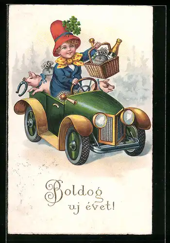 Künstler-AK Bub mit vielen Glücksbringern im Auto