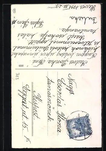 Künstler-AK Bub mit vielen Glücksbringern im Auto