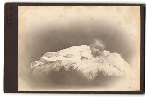 Fotografie Heinrich Ehlers, Braunschweig, Kleinkind Chr. Wolf auf einem Fell liegend, 1910