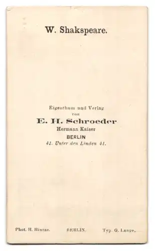 Fotografie E. H. Schroeder, Berlin, Portrait William Shakespeare, Schriftsteller