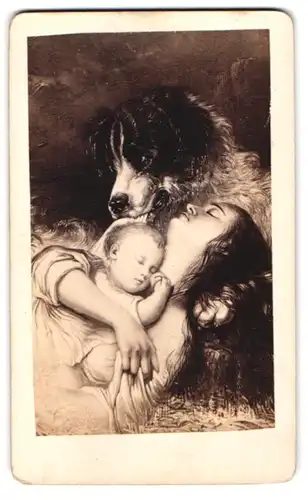 Fotografie unbekannter Fotograf und Ort, Gemälde: Ein freund in Noth, nach Batemann, Hudn hilft armer Frau