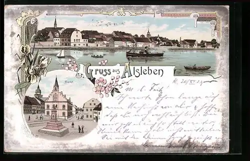 Lithographie Alsleben / Saale, Denkmal auf dem Markt, Flusspartie mit Dampfschiff