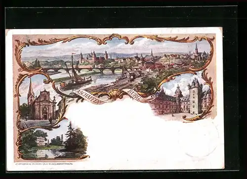 Lithographie Aschaffenburg, Panorama mit Fluss, Kirche und Marktplatz