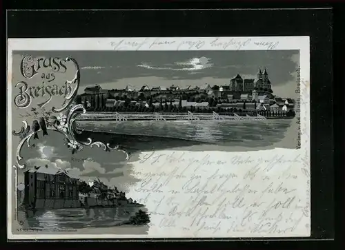 Mondschein-Lithographie Breisach, Panorama und Rheintor im Mondlicht