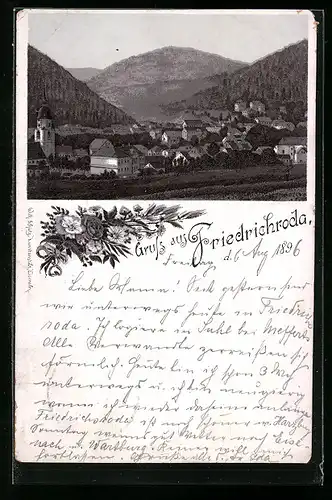 Lithographie Friedrichroda, Ortsansicht aus der Vogelschau