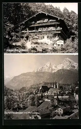 AK Berchtesgaden, Haus Bergwald, Ortsansicht mit Watzmann