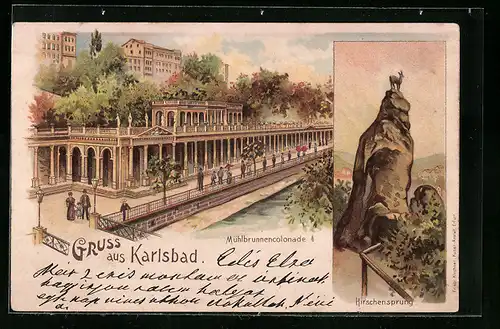 Lithographie Karlsbad, Mühlbrunnencolonnade, Hirschensprung