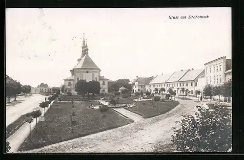 AK Hranice-Drahotuse, Marktplatz mit Park und Kirche