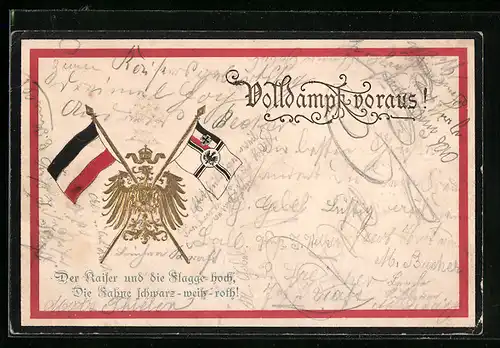 Präge-AK Volldampf voraus!, Kaiserreichsfahne und Reichskriegsflagge