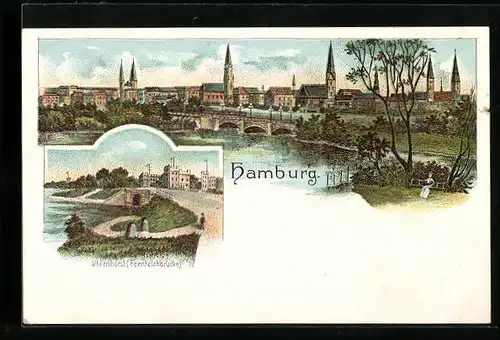 Lithographie Hamburg, Uhlenhorst (Feenteichbrücke), Panorama