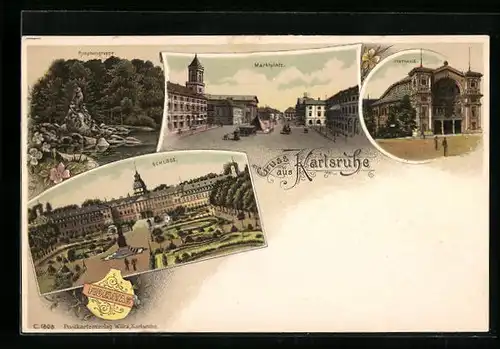 Lithographie Karlsruhe, Festhalle, Marktplatz, Schloss