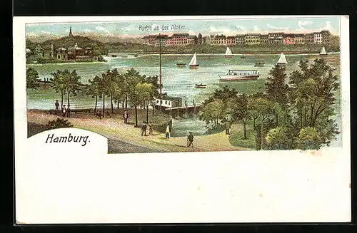 Lithographie Hamburg-St.Georg, Partie an der Alster