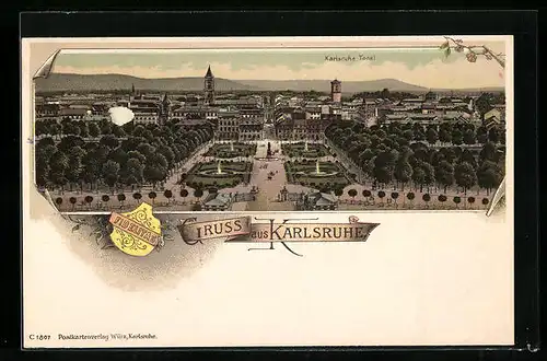 Lithographie Karlsruhe, Ortsansicht aus der Vogelschau