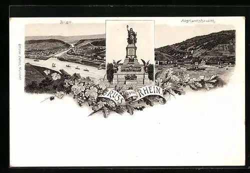 Lithographie Assmannshausen, Ortsansicht, Blick auf Bingen, Niederwald-Nationaldenkmal