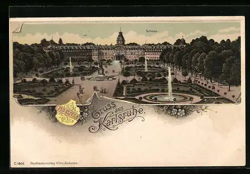 Lithographie Karlsruhe, Parkanlage mit Schloss, Wappen