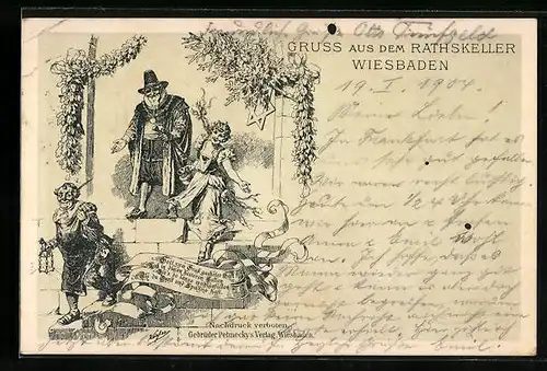 Lithographie Wiesbaden, Gasthaus Rathskeller, Rathsherr und Kellermeister