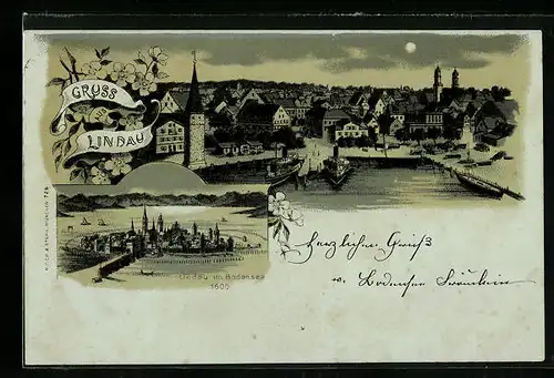 Mondschein-Lithographie Lindau i. B., Dampfer im Hafen, Totalansicht der Insel