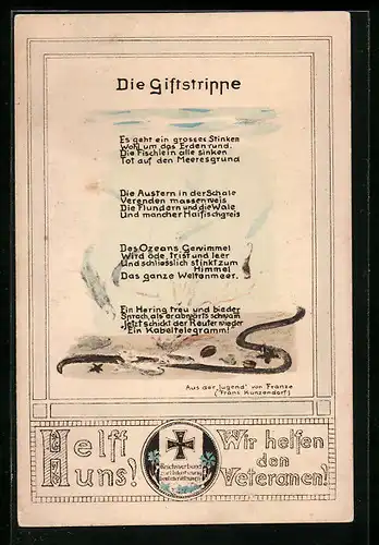 Künstler-AK Das Gedicht Die Giftstrippe, Wohlfahrts-Karte des Reichsverbands zur Unterstützung d. Veteranen