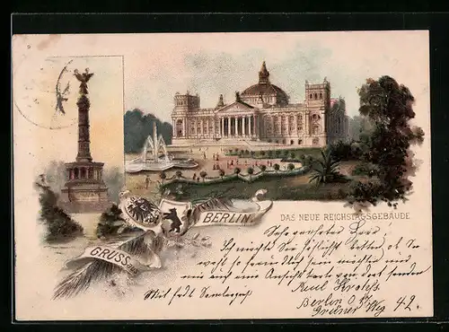 Lithographie Berlin, Das neue Reichstagsgebäude, Siegessäule