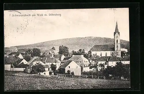 AK Schwarzenbach am Wald, Teilansicht mit Kirche und Döbraberg