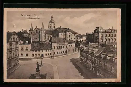 AK Meerane i. Sa., Bismarckplatz mit Denkmal