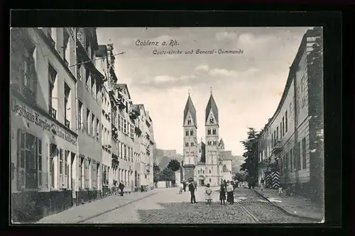 AK Coblenz a. Rh., Gasthaus Karpfen, Castorkirche und General-Commando