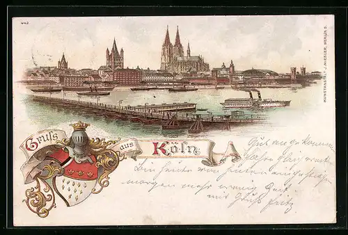 Lithographie Köln, Blick über den Rhein zum Dom, Dampfer