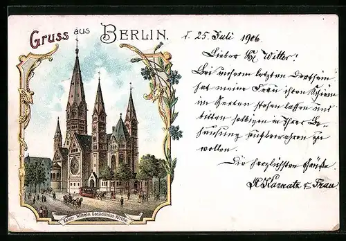 Lithographie Berlin-Charlottenburg, Kaiser Wilhelm Gedächtnis-Kirche mit Pferdewagen